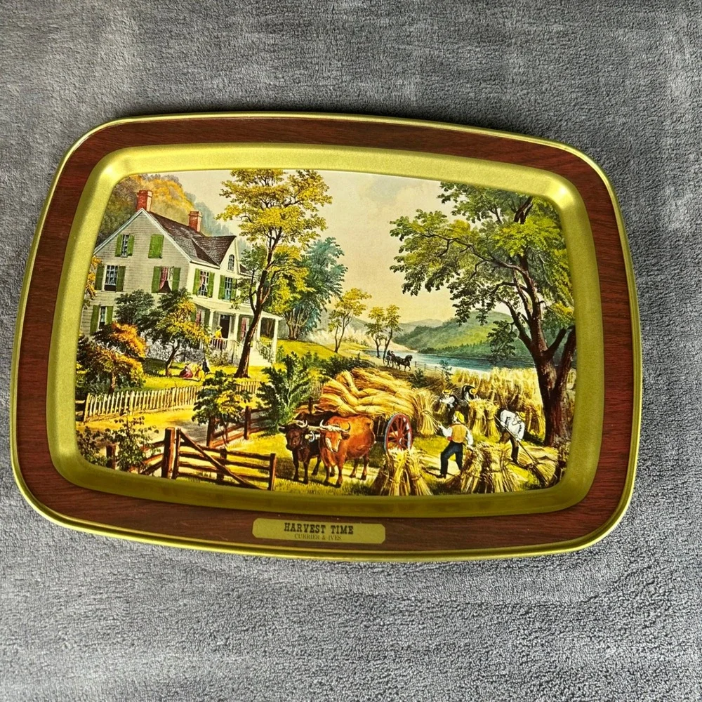 Vintage Currier & Ives Metal Trays Set Harvest Time Preparing For Market 2pc